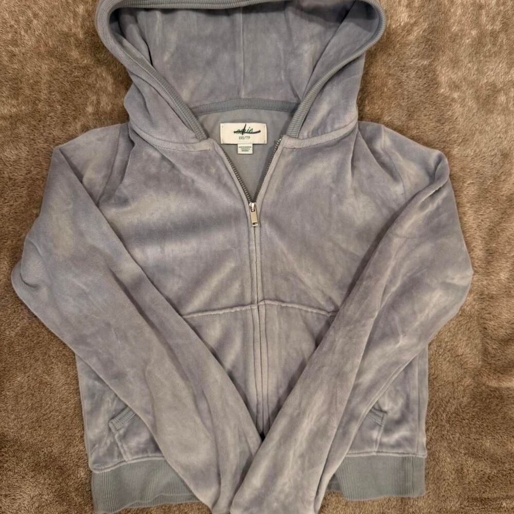 Aerie Women's Blue Grey Velour Zip-Up Hoodie, Size XXS